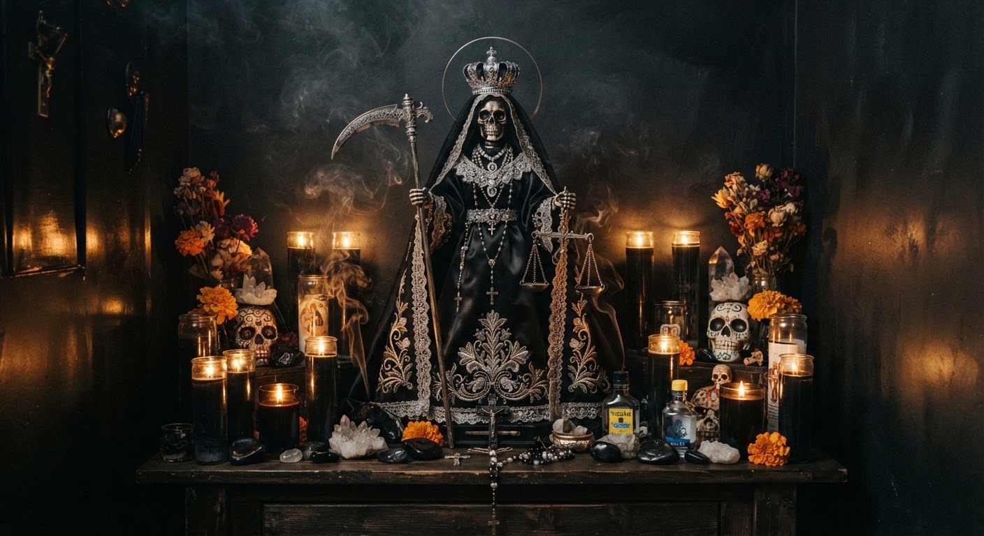 Santa Muerte cloaked in black satin, holding a silver scythe and scales, lit by votive candles