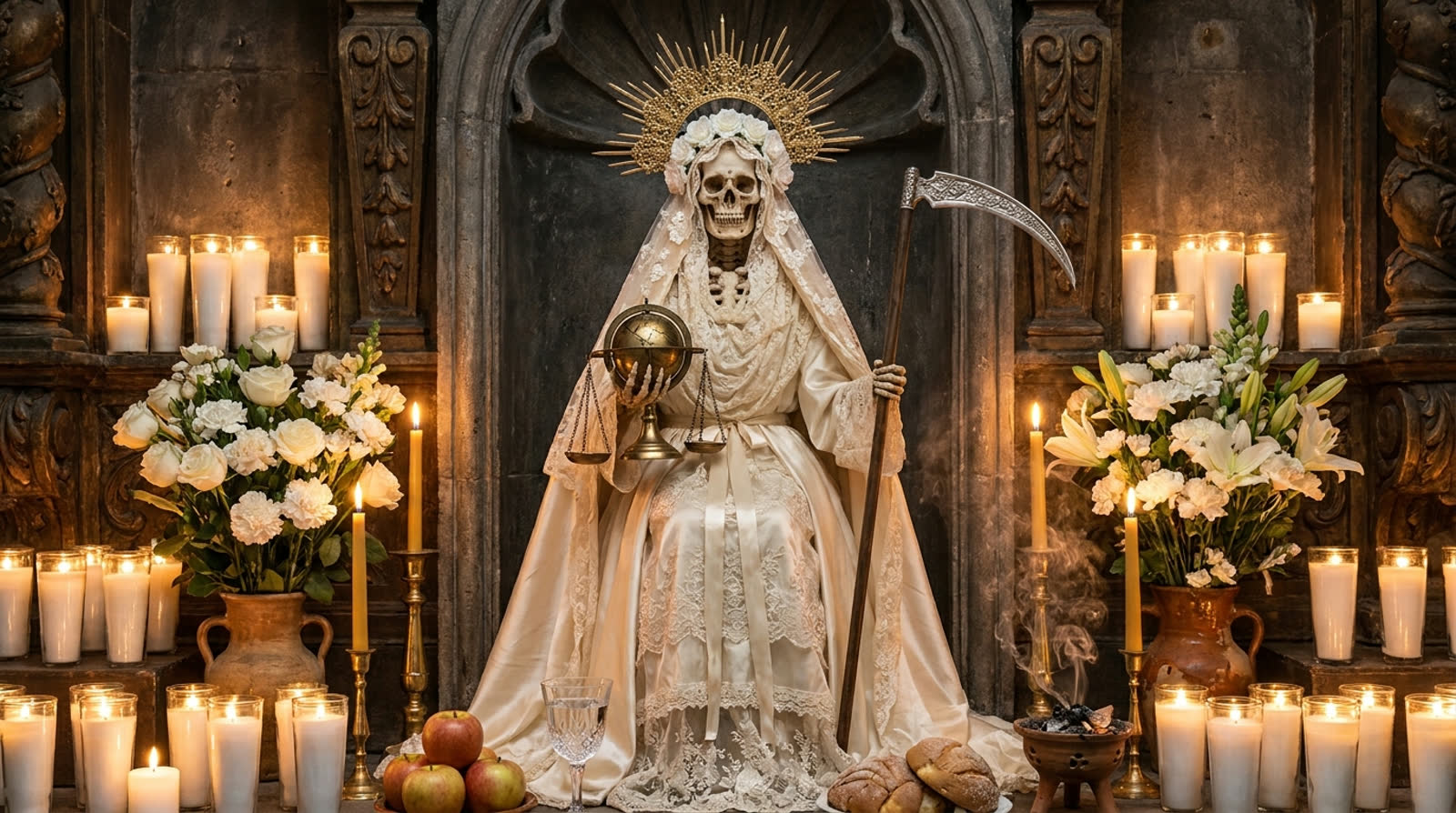 Altar of Niña Blanca surrounded by glowing candles, white roses, and traditional offerings